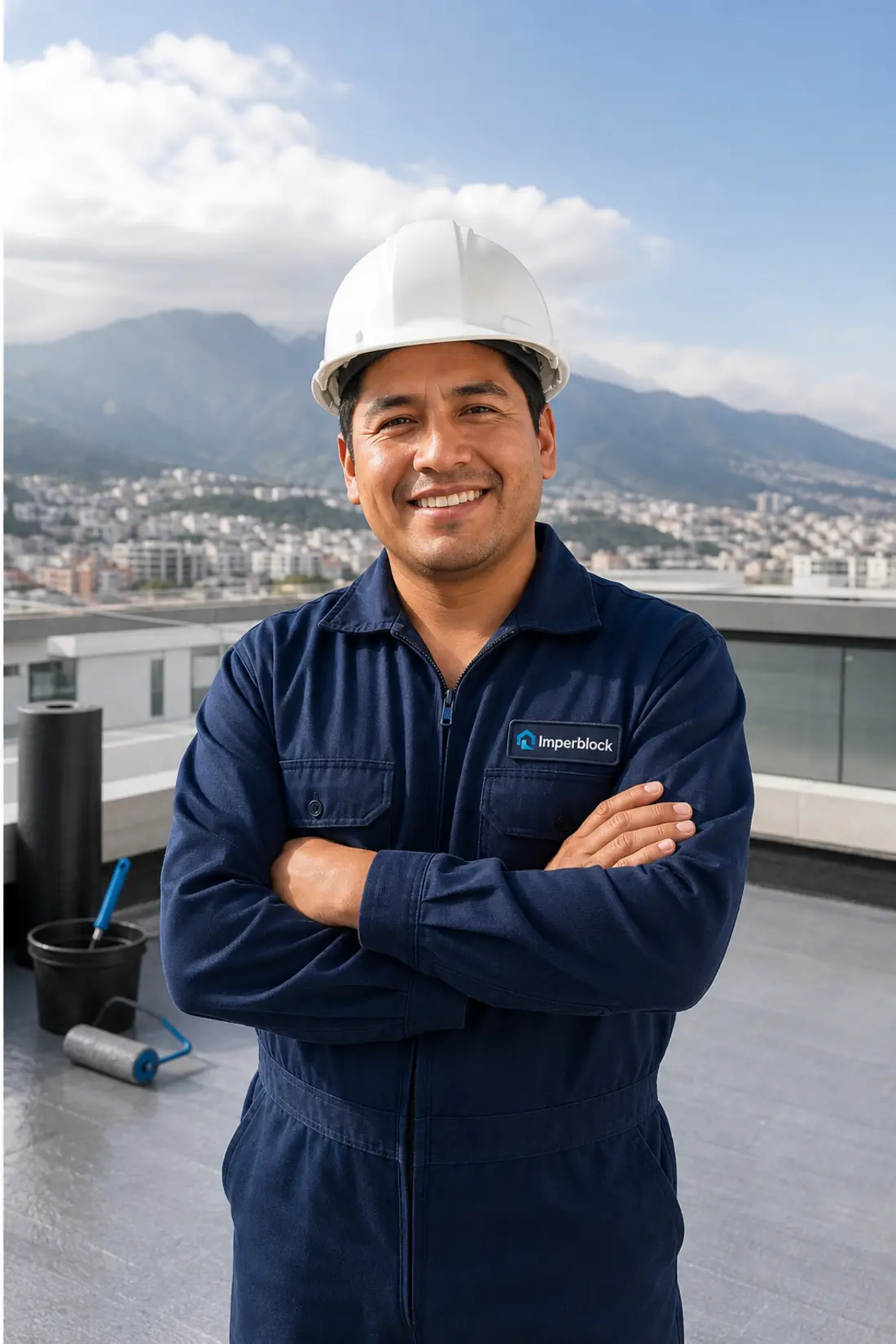 Marca en campo con overol y logo Imperblock