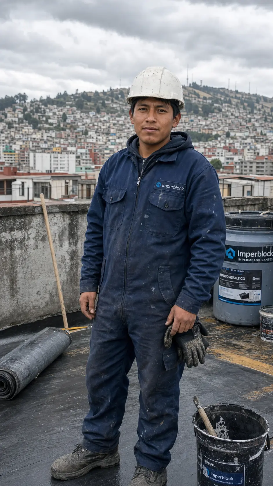 Técnico en visita con overol Imperblock en obra de Quito